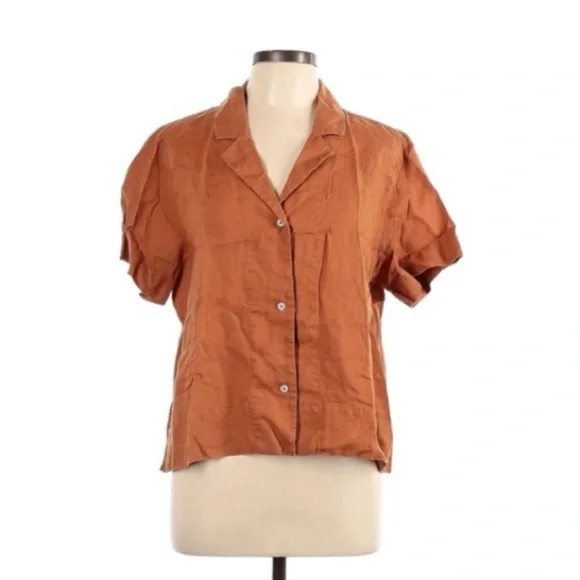 Quince Linen Shirt Golden Brown Short Sleeve L - Picture 2 of 8